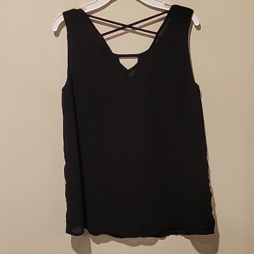 Naked Zebra Black Sleeveless Embroidered V-Neck Tank with Cross-Back Straps